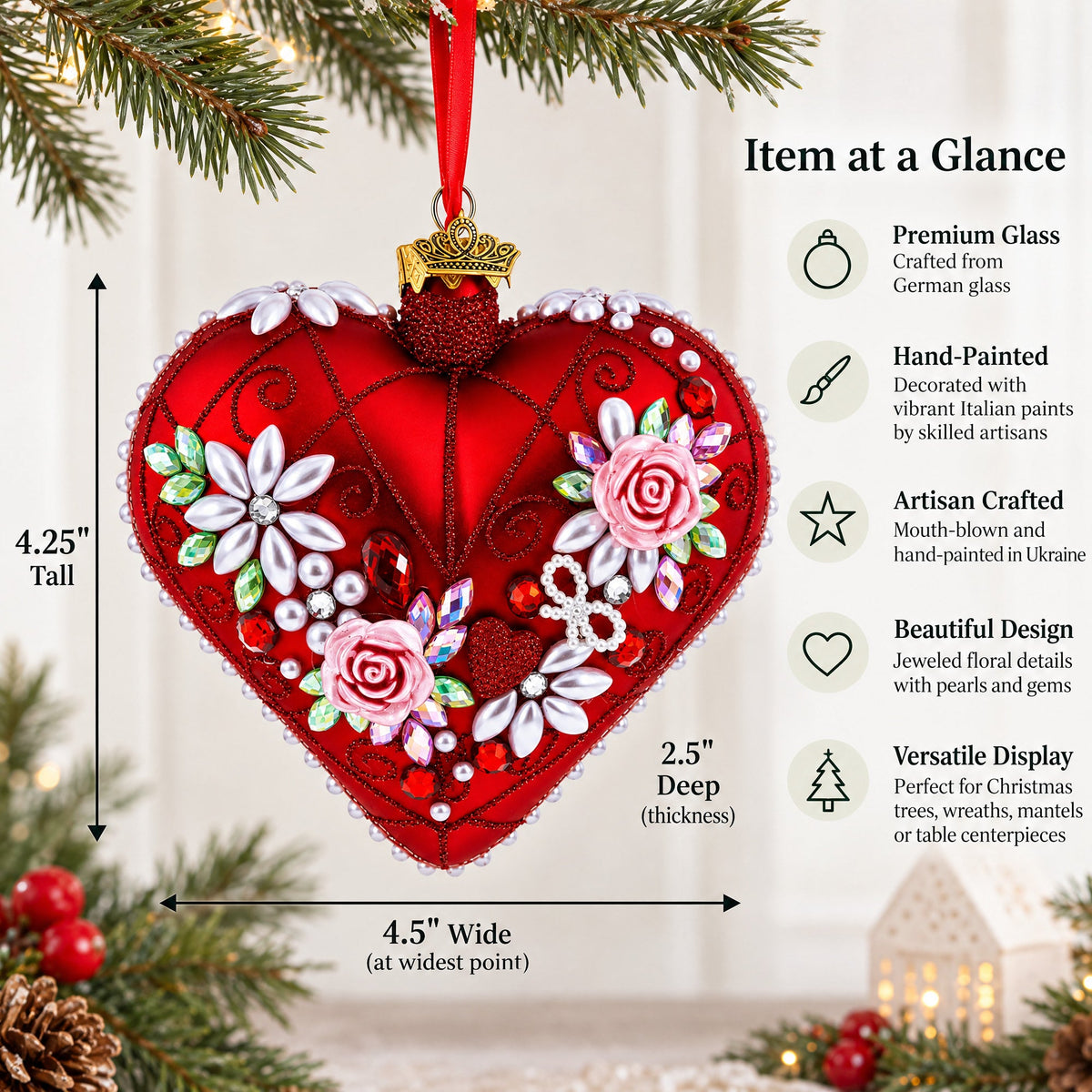 Pearl & Ruby Jeweled Heart Glass Ornament