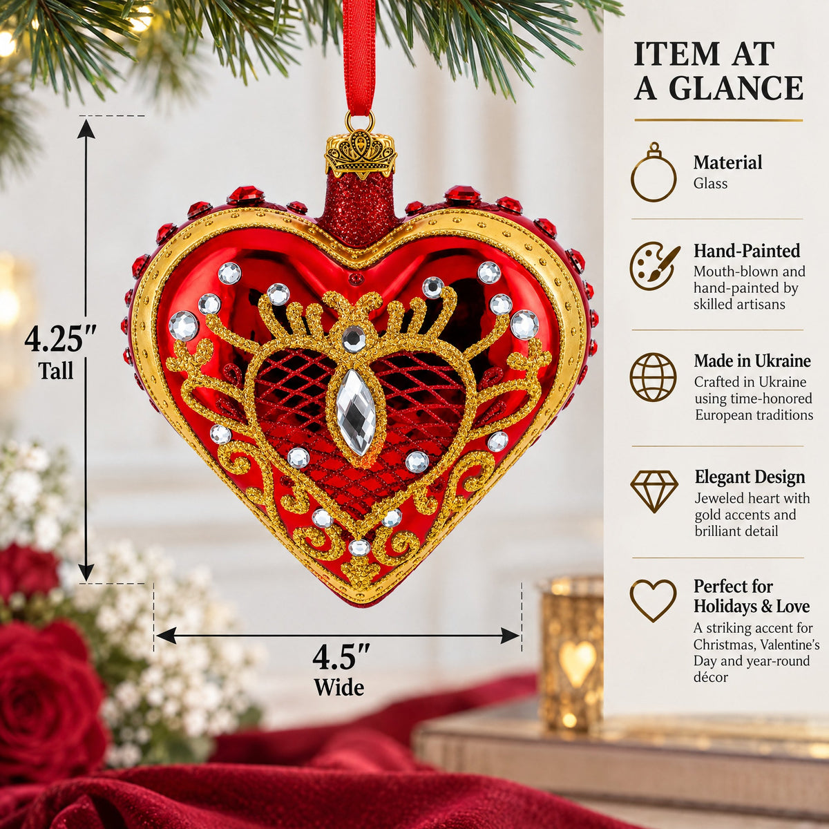 Regal Red Jeweled Glass Heart Ornament