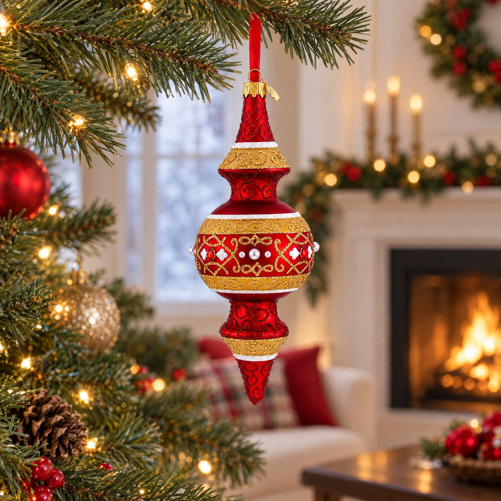 Golden Scroll & Pearl Trim Double-Ended Finial Drop Glass Christmas Ornament