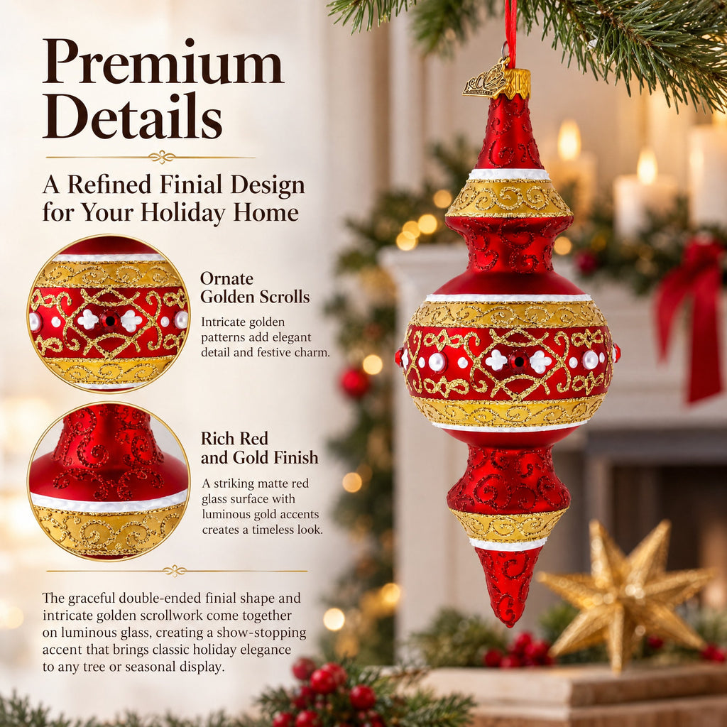 Golden Scroll & Pearl Trim Double-Ended Finial Drop Glass Christmas Ornament
