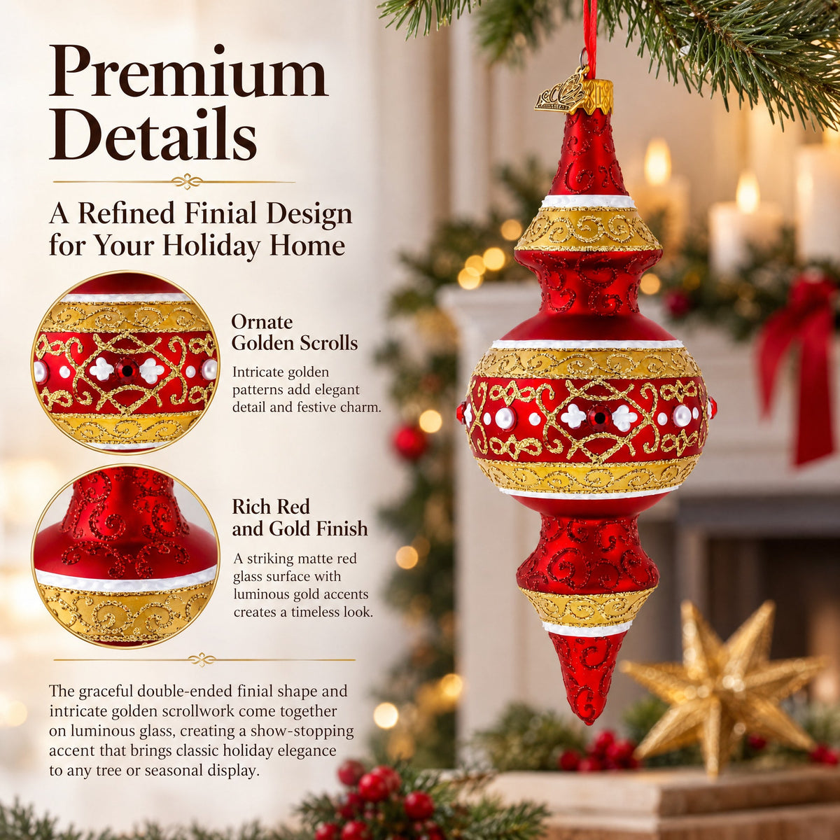 Golden Scroll & Pearl Trim Double-Ended Finial Drop Glass Christmas Ornament