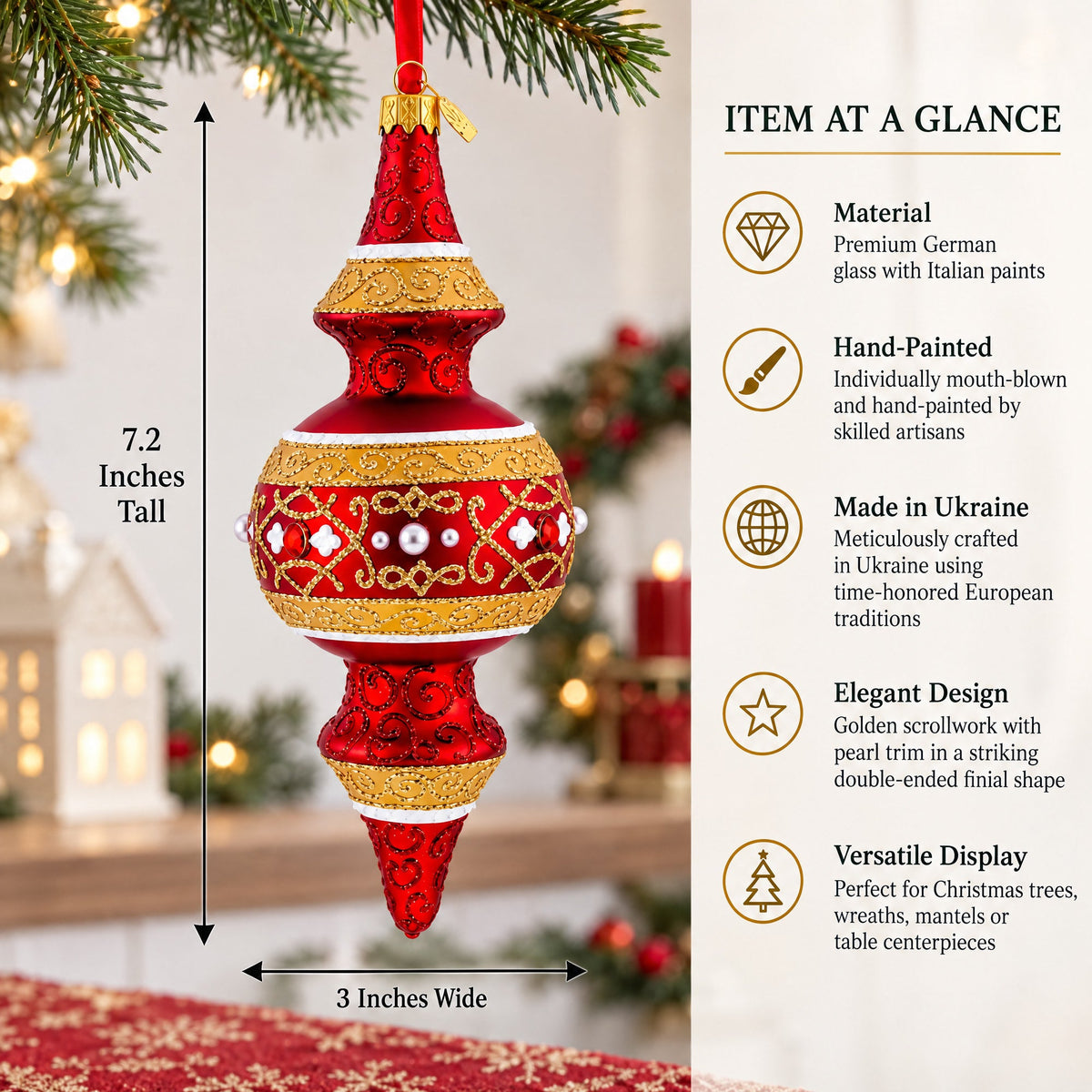 Golden Scroll & Pearl Trim Double-Ended Finial Drop Glass Christmas Ornament