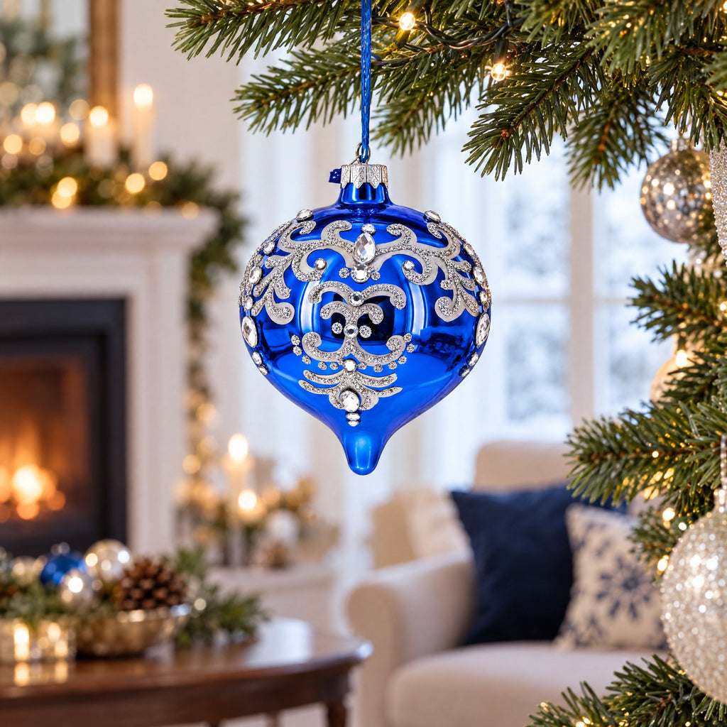 Blue Jeweled Silver Scroll Onion-Shape Finial Glass Christmas Ornament
