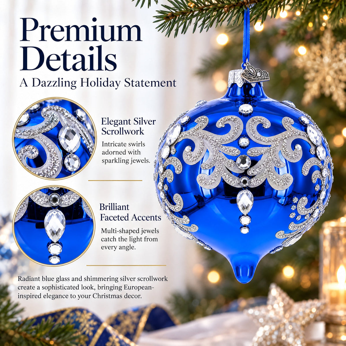 Blue Jeweled Silver Scroll Onion-Shape Finial Glass Christmas Ornament