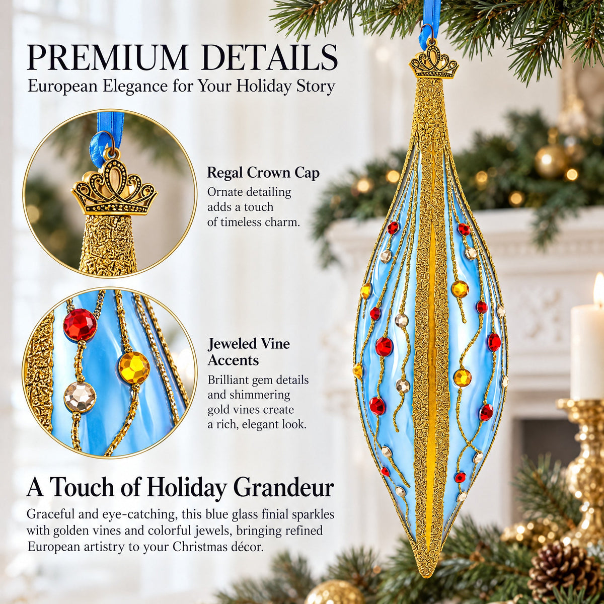 Blue and Gold Jeweled Vine Elongated Pointed Teardrop Finial Glass Christmas Ornament