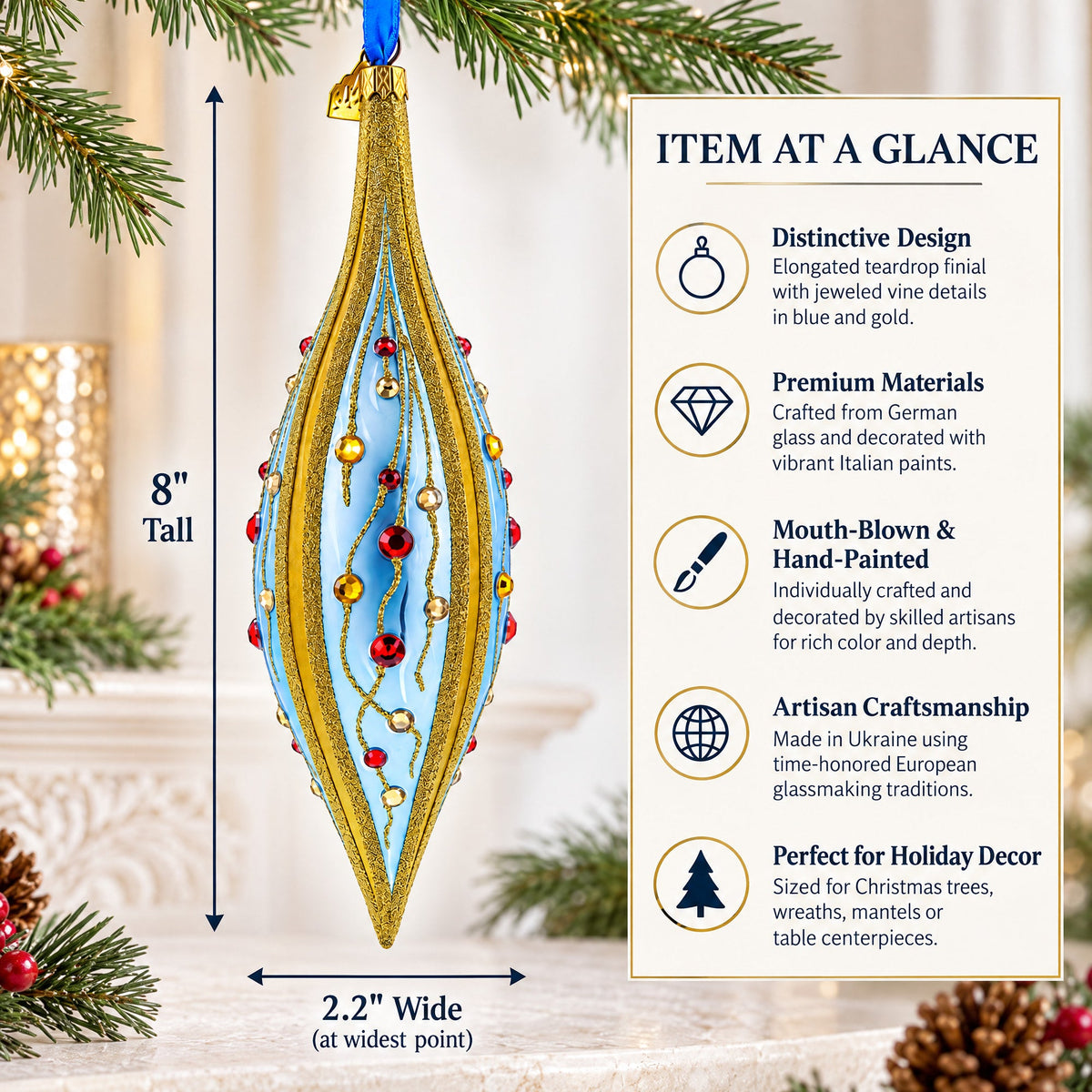 Blue and Gold Jeweled Vine Elongated Pointed Teardrop Finial Glass Christmas Ornament