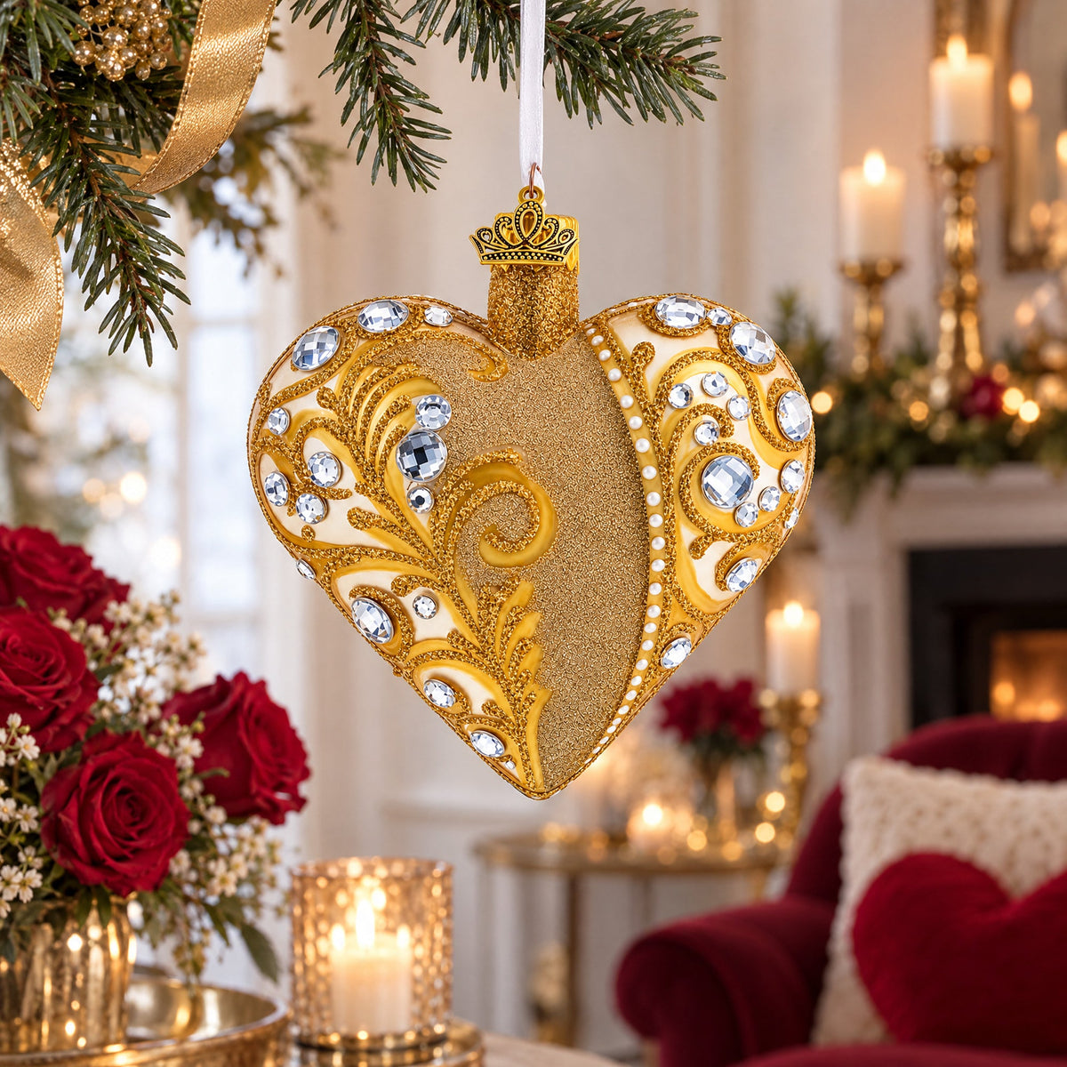 Gold Jeweled Baroque Heart Glass Christmas Ornament