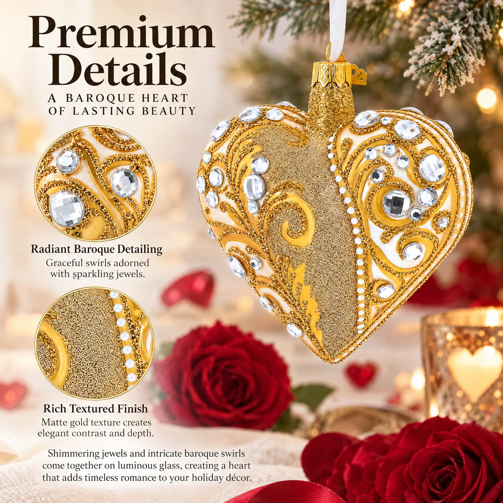 Gold Jeweled Baroque Heart Glass Christmas Ornament