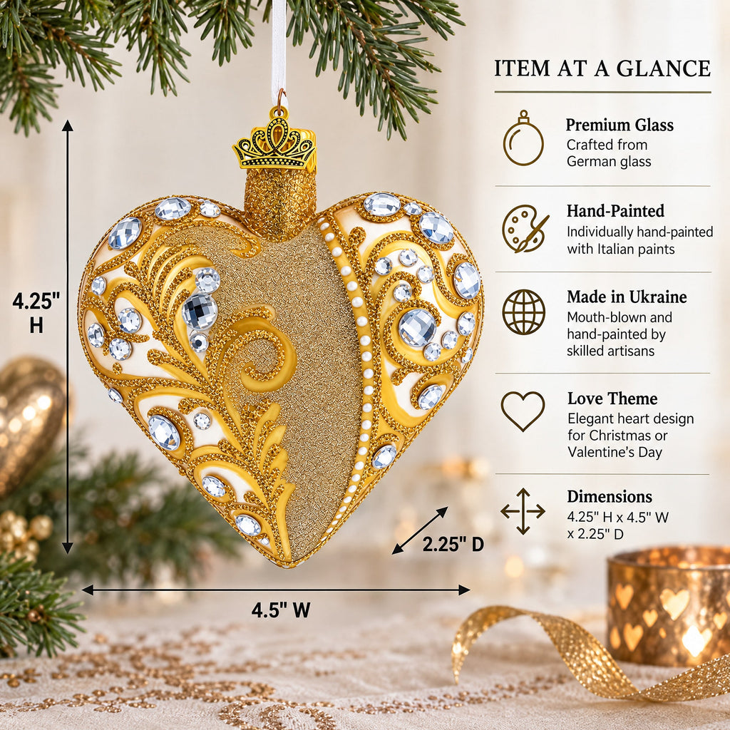 Gold Jeweled Baroque Heart Glass Christmas Ornament