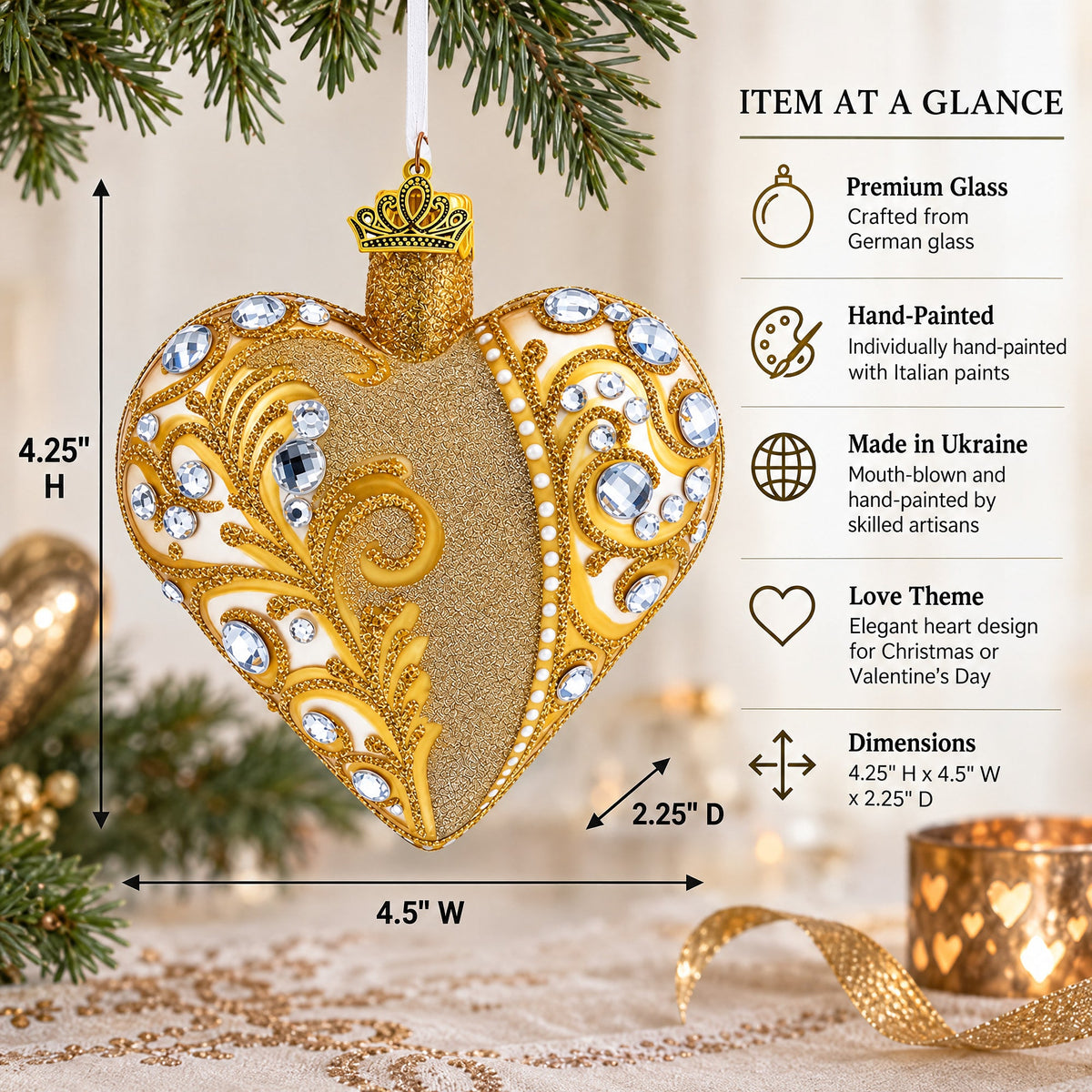 Gold Jeweled Baroque Heart Glass Christmas Ornament