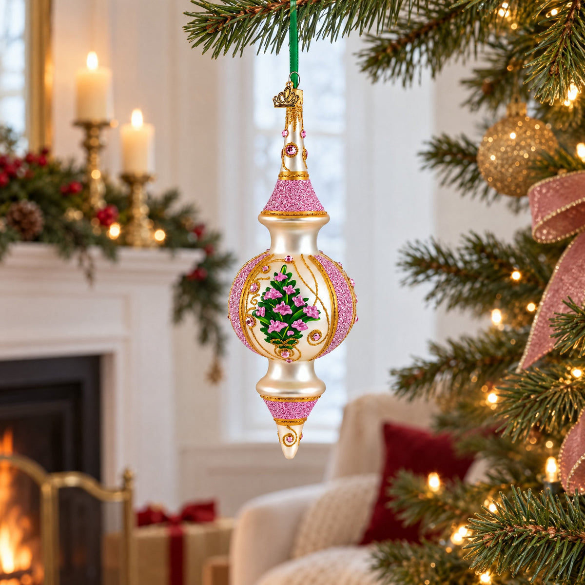 Pink Embossed  Blossom Double-Ended Finial Drop Glass Christmas Ornament