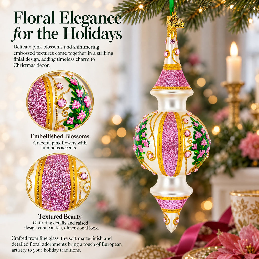 Pink Embossed  Blossom Double-Ended Finial Drop Glass Christmas Ornament