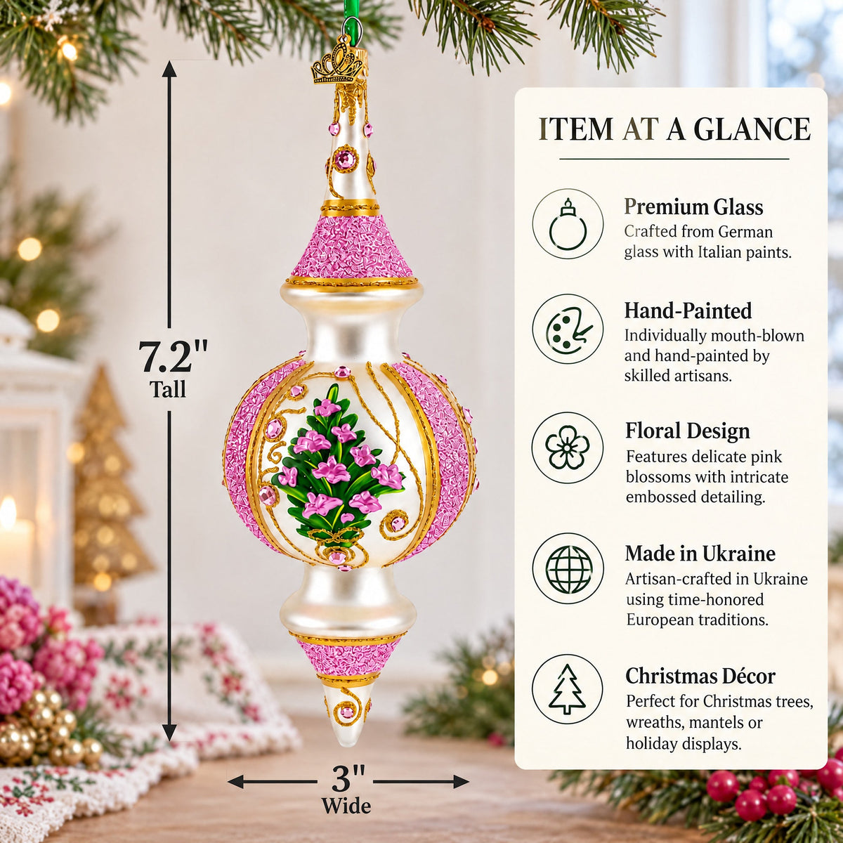 Pink Embossed  Blossom Double-Ended Finial Drop Glass Christmas Ornament