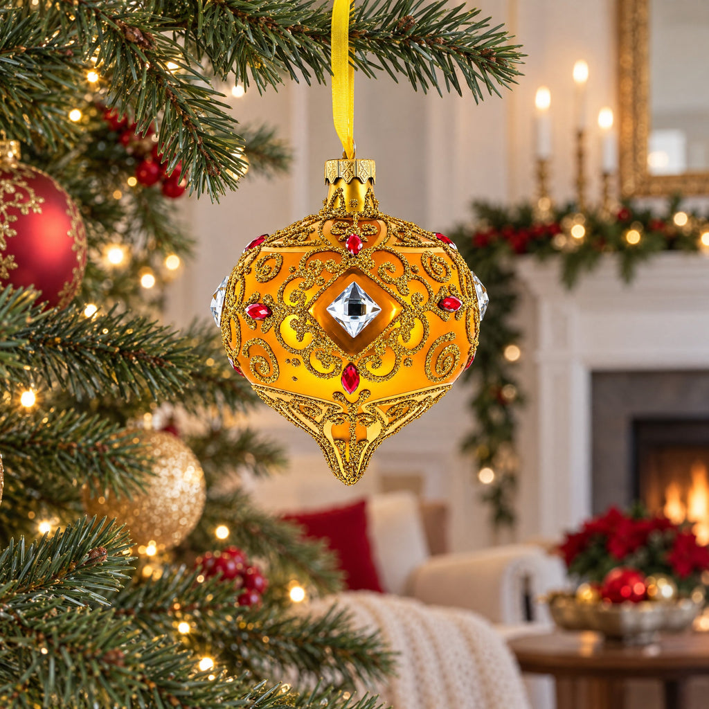 Amber Gold Jeweled Scroll Onion-Shape Finial Glass Christmas Ornament