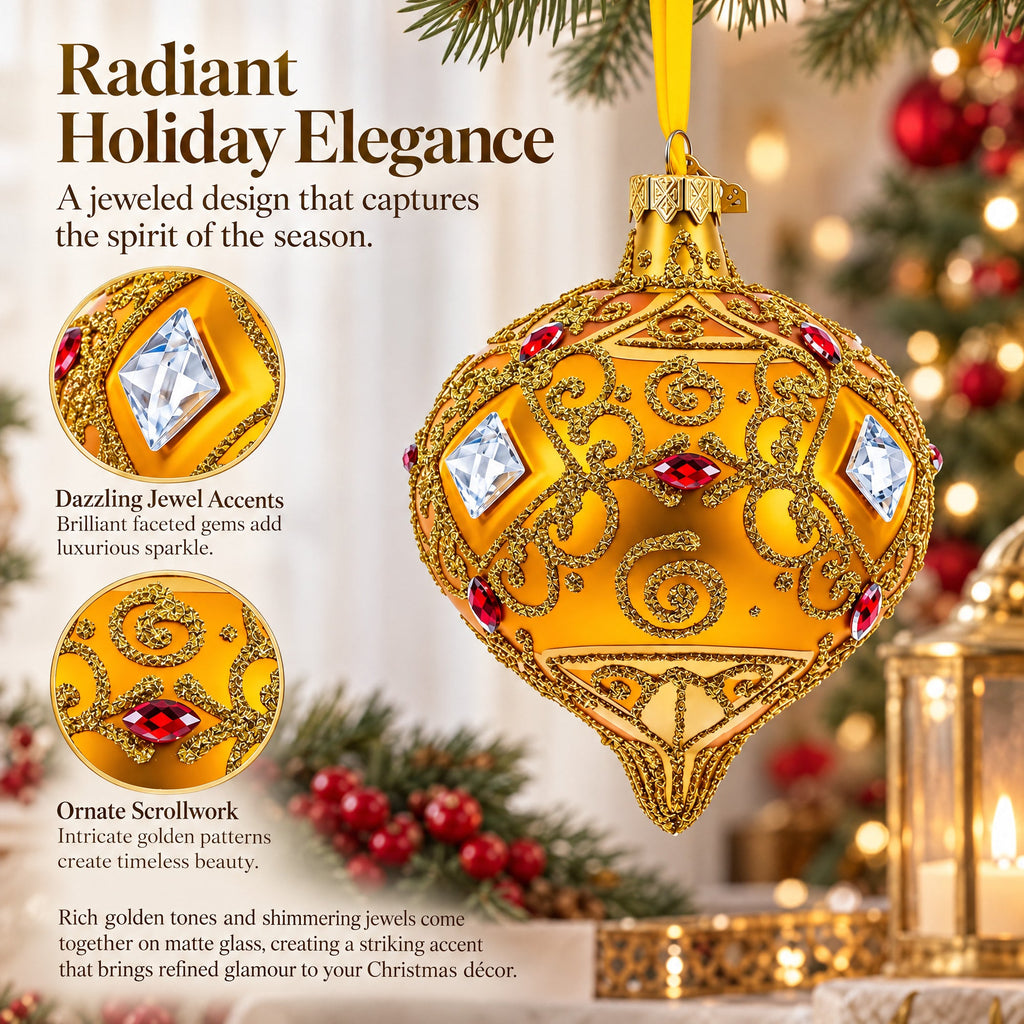 Amber Gold Jeweled Scroll Onion-Shape Finial Glass Christmas Ornament