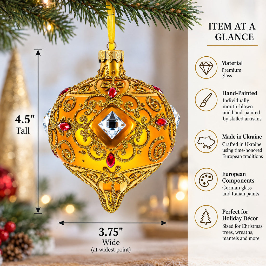 Amber Gold Jeweled Scroll Onion-Shape Finial Glass Christmas Ornament
