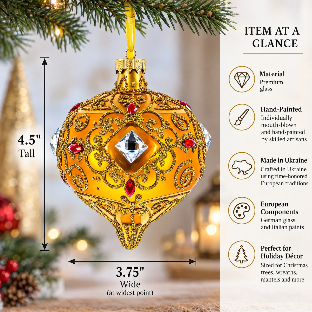 Amber Gold Jeweled Scroll Onion-Shape Finial Glass Christmas Ornament