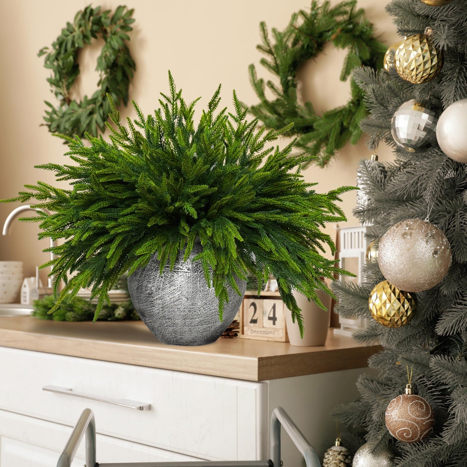16 Pcs Norfolk Pine Branch 18in Artificial Christmas Green Plastic
