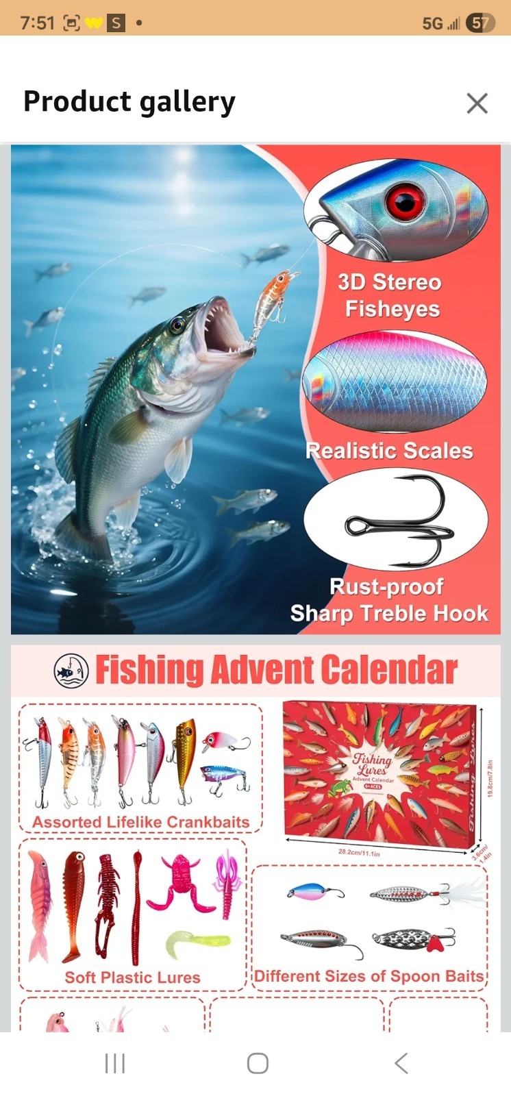 Fishing Advent Calendar 2025 Fishing Lures Kit Red Fish Shape 13.98in