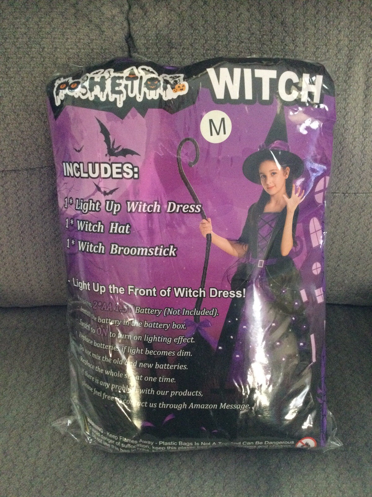 Poshetion Light-Up Witch Costume Dress Hat Broom Size M Child Medium
