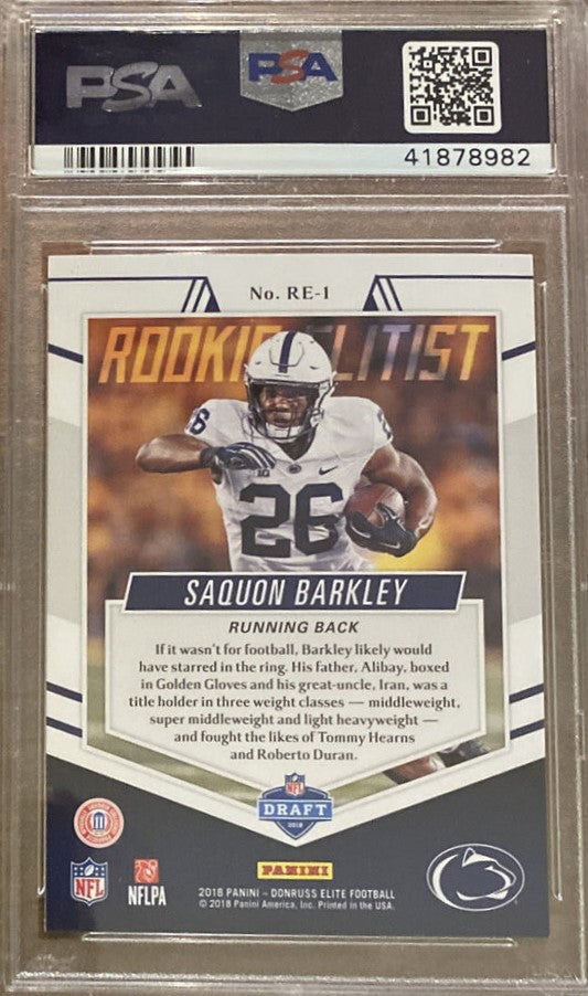 Graded 2018 Panini Donruss Elite Saquon Barkley #RE1 Rookie Elitist Rookie RC Football Card PSA 10 Gem Mint