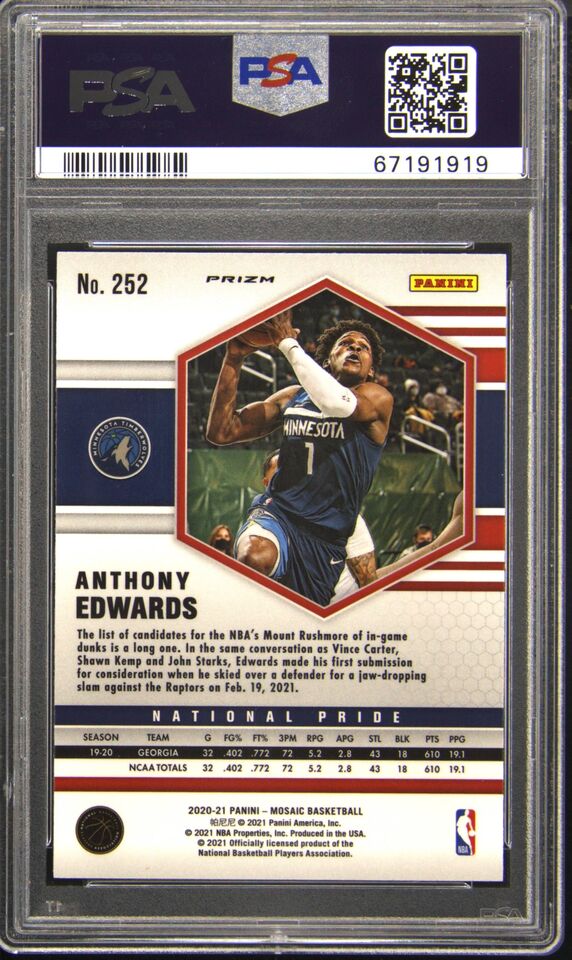 Graded 2020 Panini Mosaic Anthony Edwards #252 Red Mosaic Rookie RC Basketball Card PSA 10 Gem Mint
