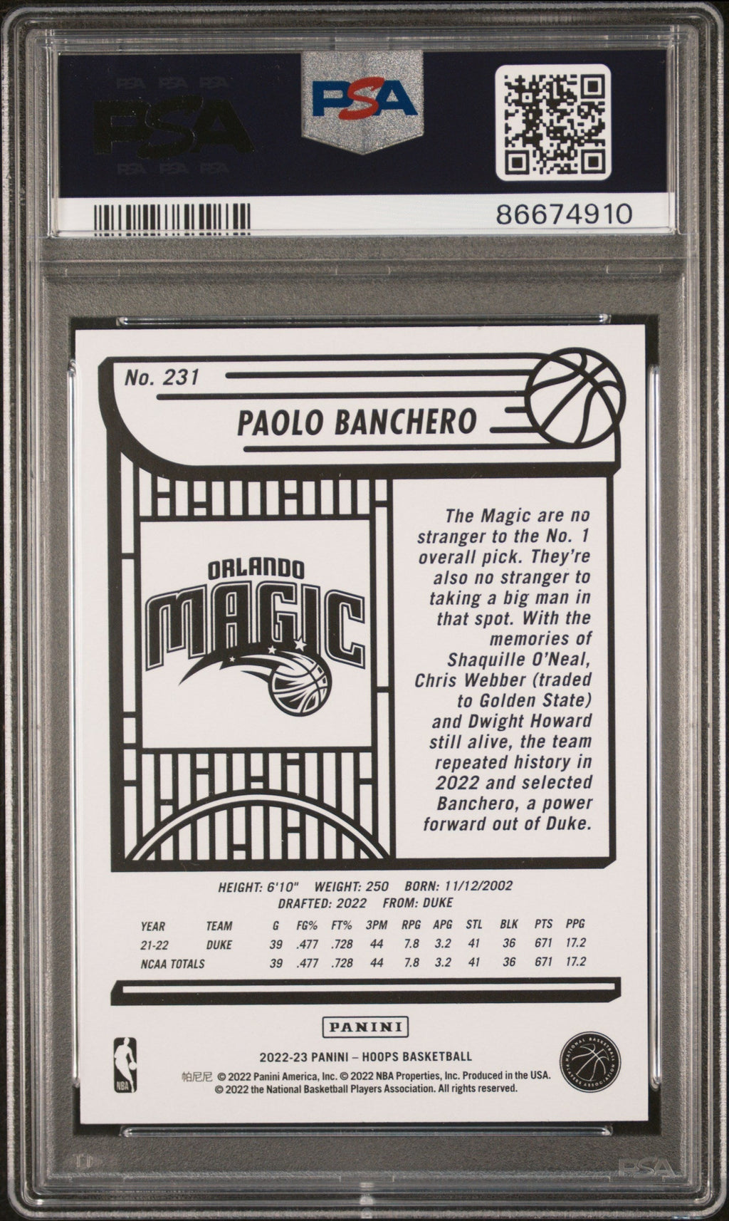 Graded 2022 Panini NBA Hoops Paolo Banchero #231 Rookie RC Basketball Card PSA 9 Mint
