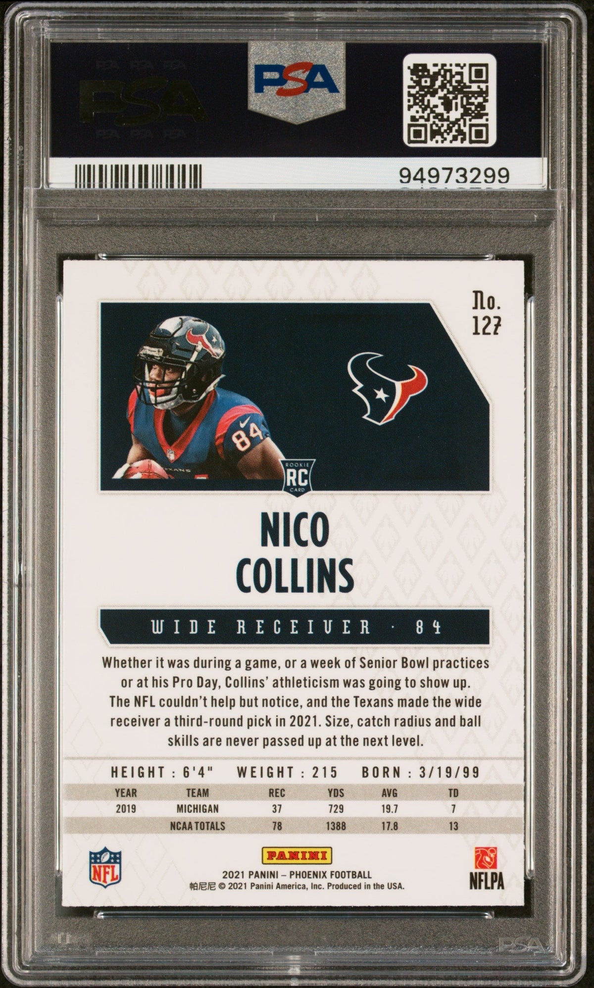 Graded 2021 Panini Phoenix Nico Collins #127 Fire Burst Rookie RC Football Card PSA 10 Gem Mint