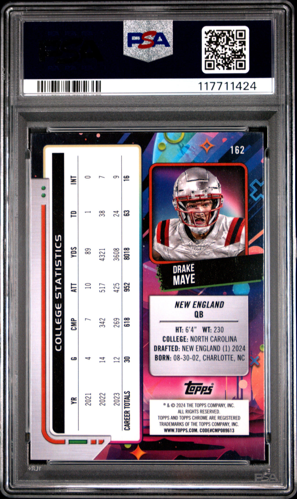 Graded 2024 Topps Cosmic Chrome Drake Maye #162 Rookie RC Football Card PSA 9 Mint