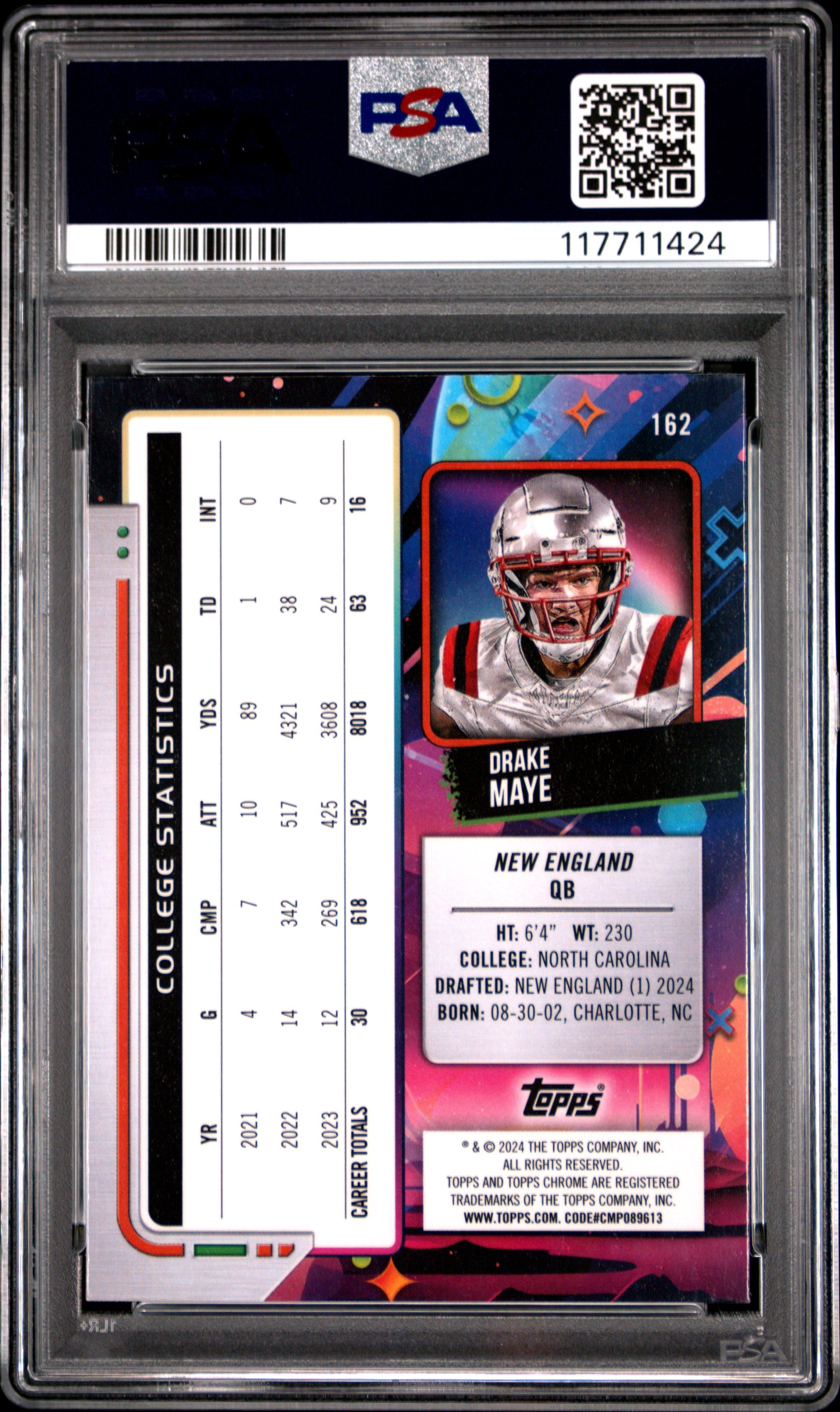 Graded 2024 Topps Cosmic Chrome Drake Maye #162 Rookie RC Football Card PSA 9 Mint