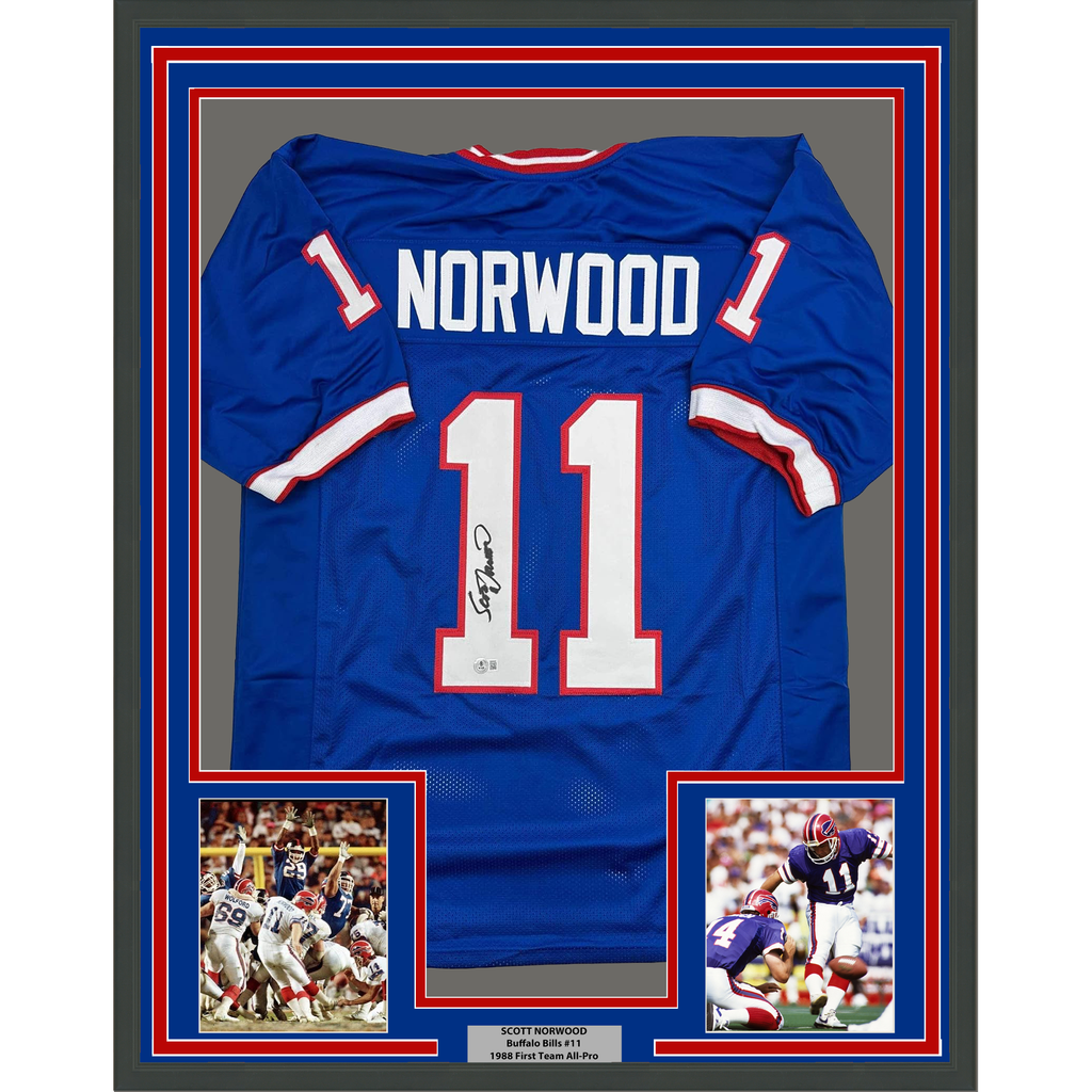 Framed Autographed/Signed Scott Norwood 35x39 Buffalo Blue Football Jersey Beckett BAS COA
