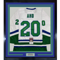 Framed Autographed/Signed Sebastian Aho 35x39 Hartford White Retro Hockey Jersey JSA COA
