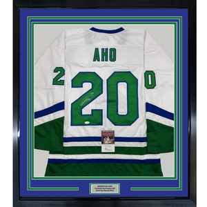 Framed Autographed/Signed Sebastian Aho 35x39 Hartford White Retro Hockey Jersey JSA COA