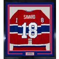 Framed Autographed/Signed Serge Savard 35x39 HOF 86 Montreal Red Hockey Jersey JSA COA