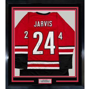 Framed Autographed/Signed Seth Jarvis 35x39 Carolina Red Hockey Jersey Beckett BAS COA