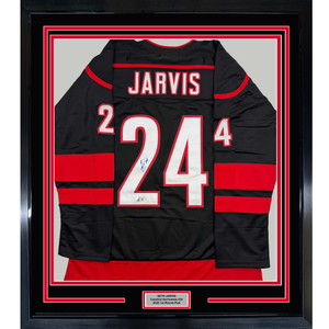 Framed Autographed/Signed Seth Jarvis 35x39 Carolina Black Hockey Jersey Beckett BAS COA