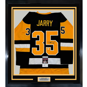 Framed Autographed/Signed Tristan Jarry 35x39 Pittsburgh Black Hockey Jersey JSA COA
