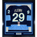 Framed Autographed/Signed Marc-Andre Fleury 35x39 Pittsburgh Blue Winter Classic Hockey Jersey JSA COA