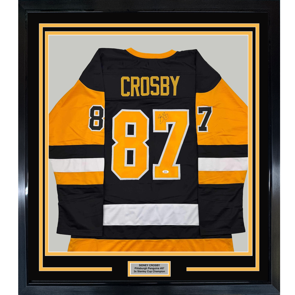 Framed Autographed/Signed Sidney Crosby 35x39 Pittsburgh Black Hockey Jersey PSA COA