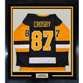 Framed Autographed/Signed Sidney Crosby 35x39 Pittsburgh Black Hockey Jersey PSA COA