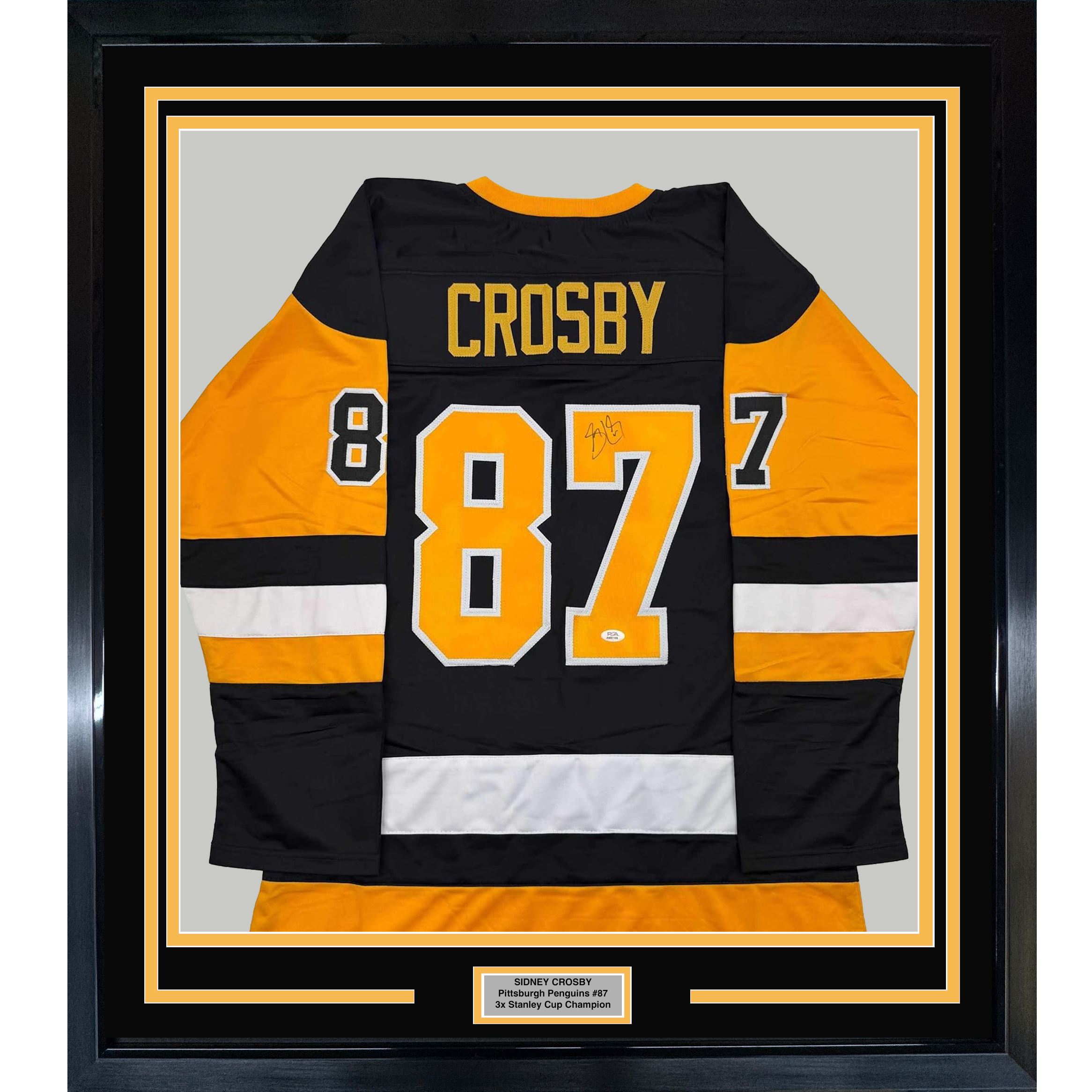 Framed Autographed/Signed Sidney Crosby 35x39 Pittsburgh Black Hockey Jersey PSA COA