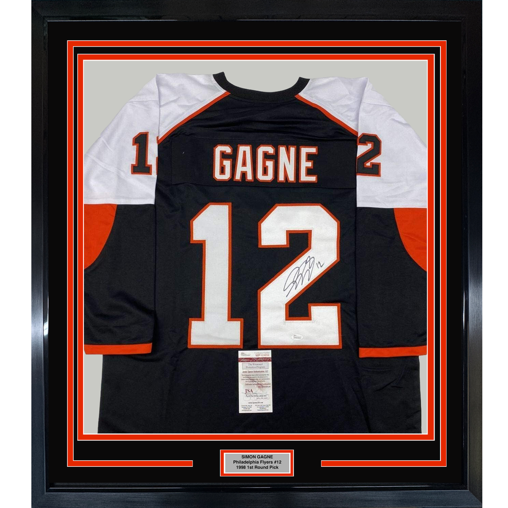 Framed Autographed/Signed Simon Gagne 35x39 Philadelphia Black Hockey Jersey JSA COA