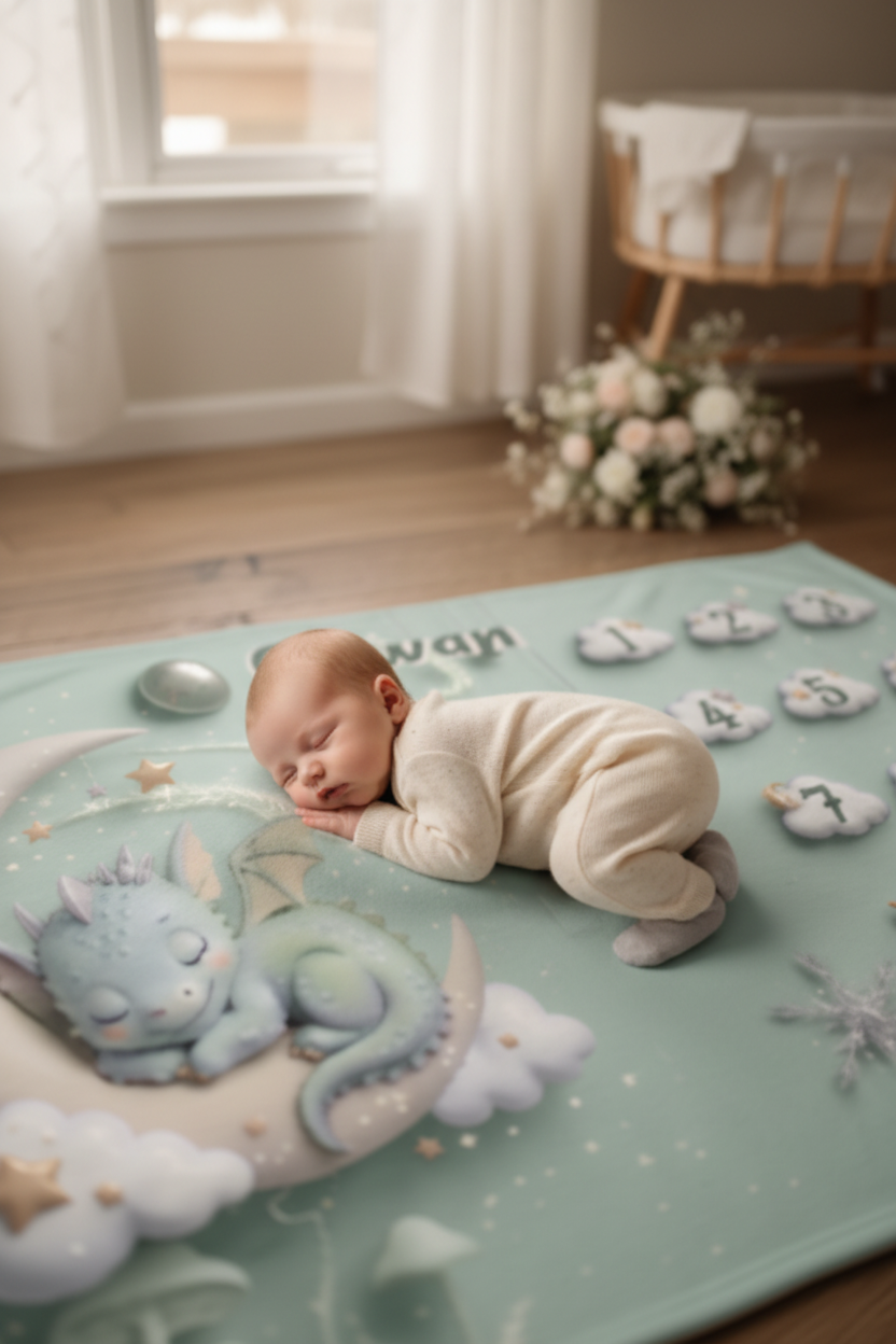 Personalised Baby Milestone Blanket | Sleeping Dragon & Moon 3D Deluxe