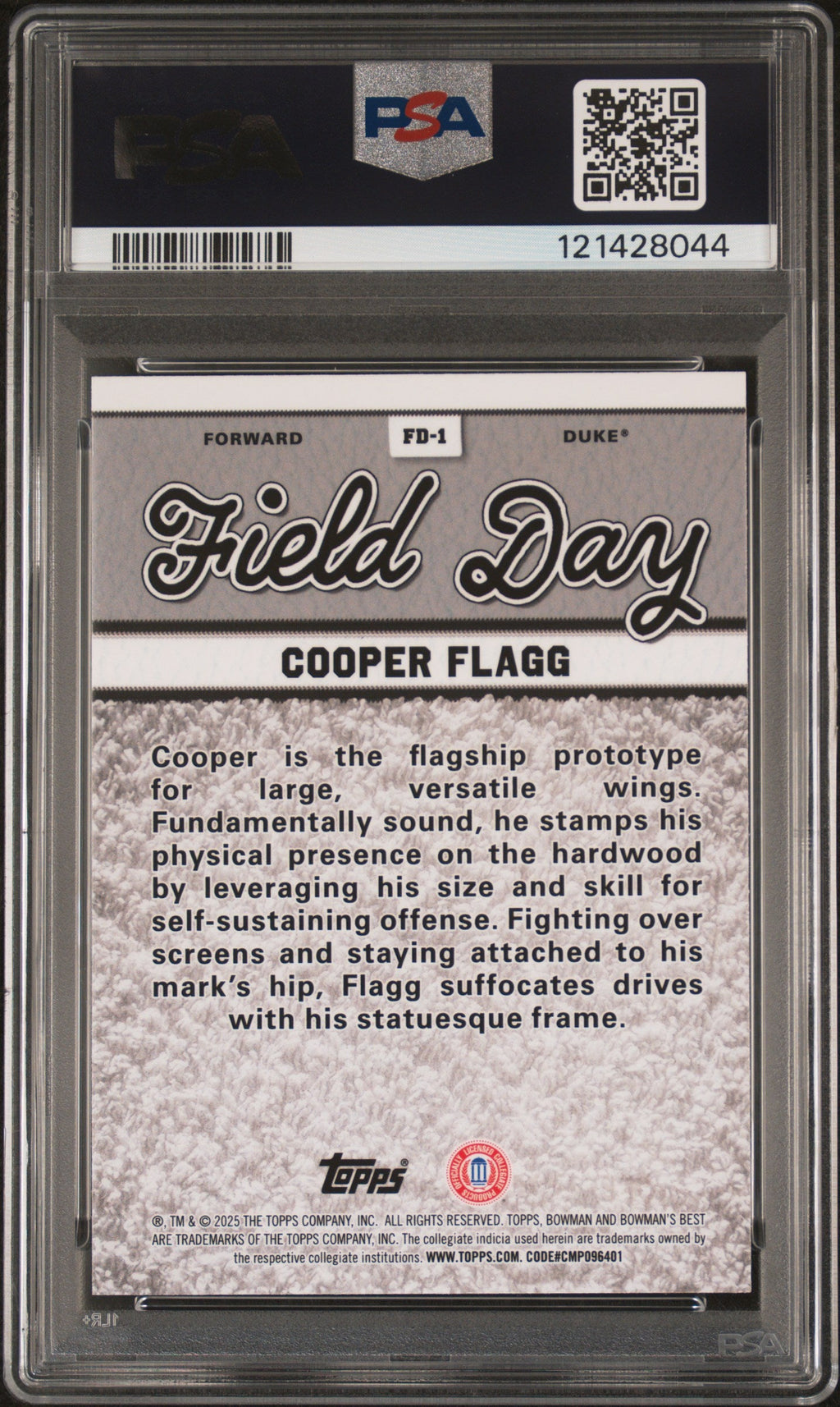 Graded 2024 Topps Bowman U Best Cooper Flagg #FD1 Field Day Rookie RC Basketball Card PSA 9 Mint