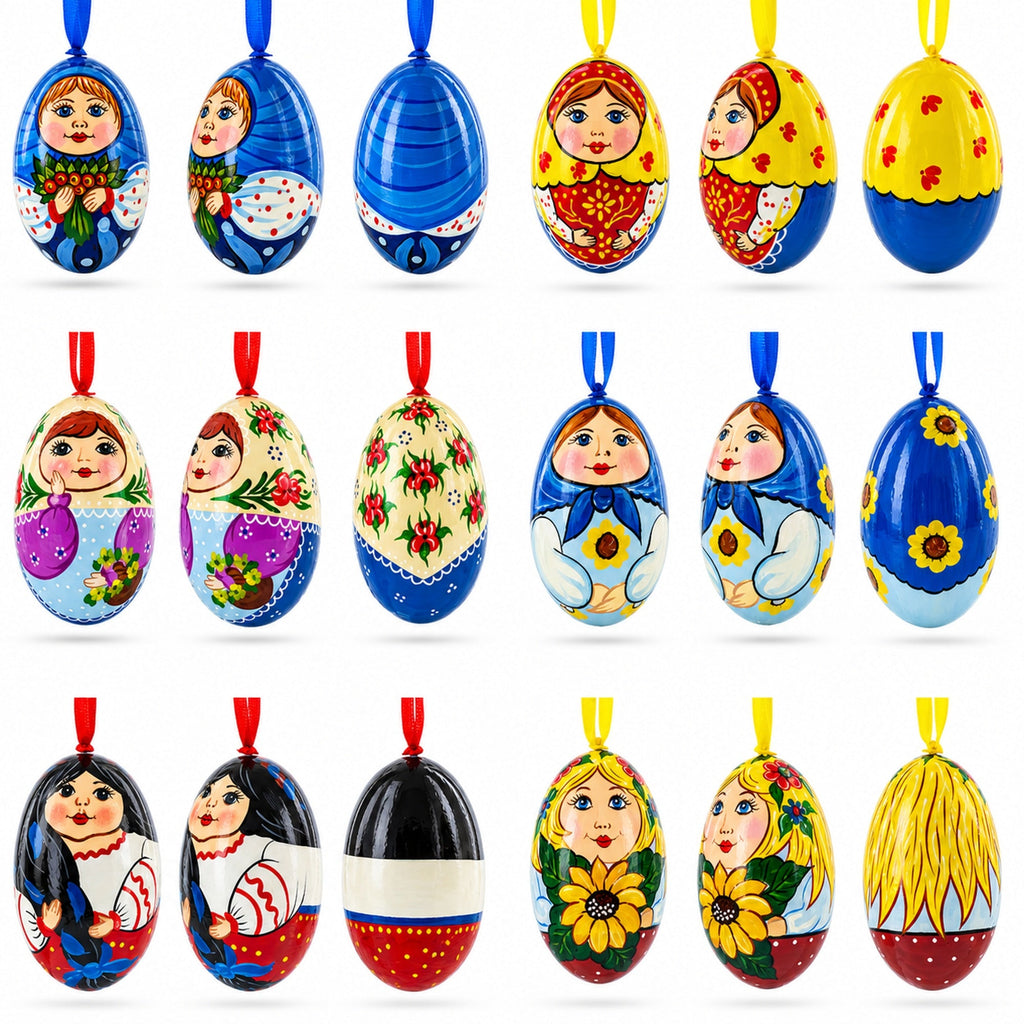 6 Ukrainian and  Doll Wooden Christmas Ornaments 3 Inches
