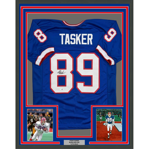 Framed Autographed/Signed Steve Tasker 35x39 Buffalo Blue Football Jersey JSA COA