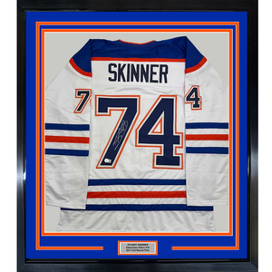Framed Autographed/Signed Stuart Skinner 35x39 Edmonton White Hockey Jersey Beckett BAS COA
