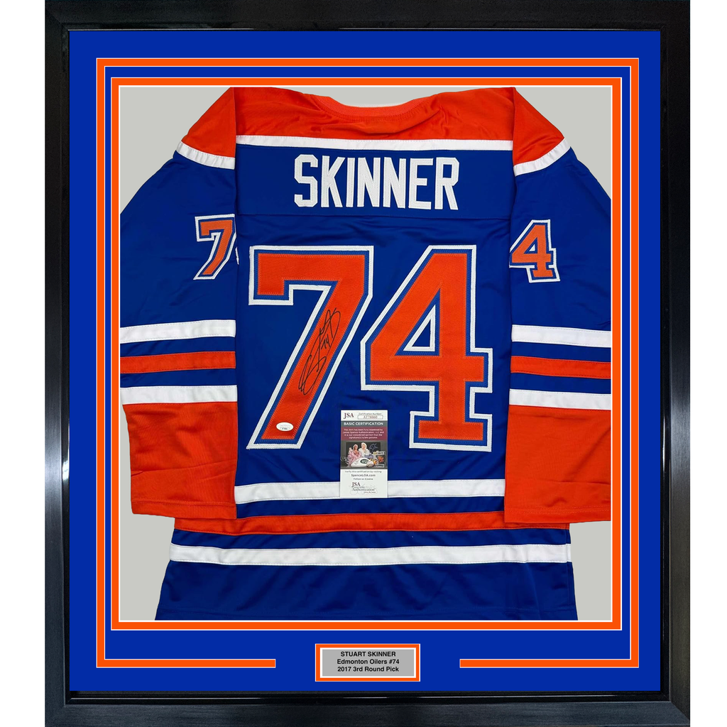 Framed Autographed/Signed Stuart Skinner 35x39 Edmonton Blue Hockey Jersey JSA COA