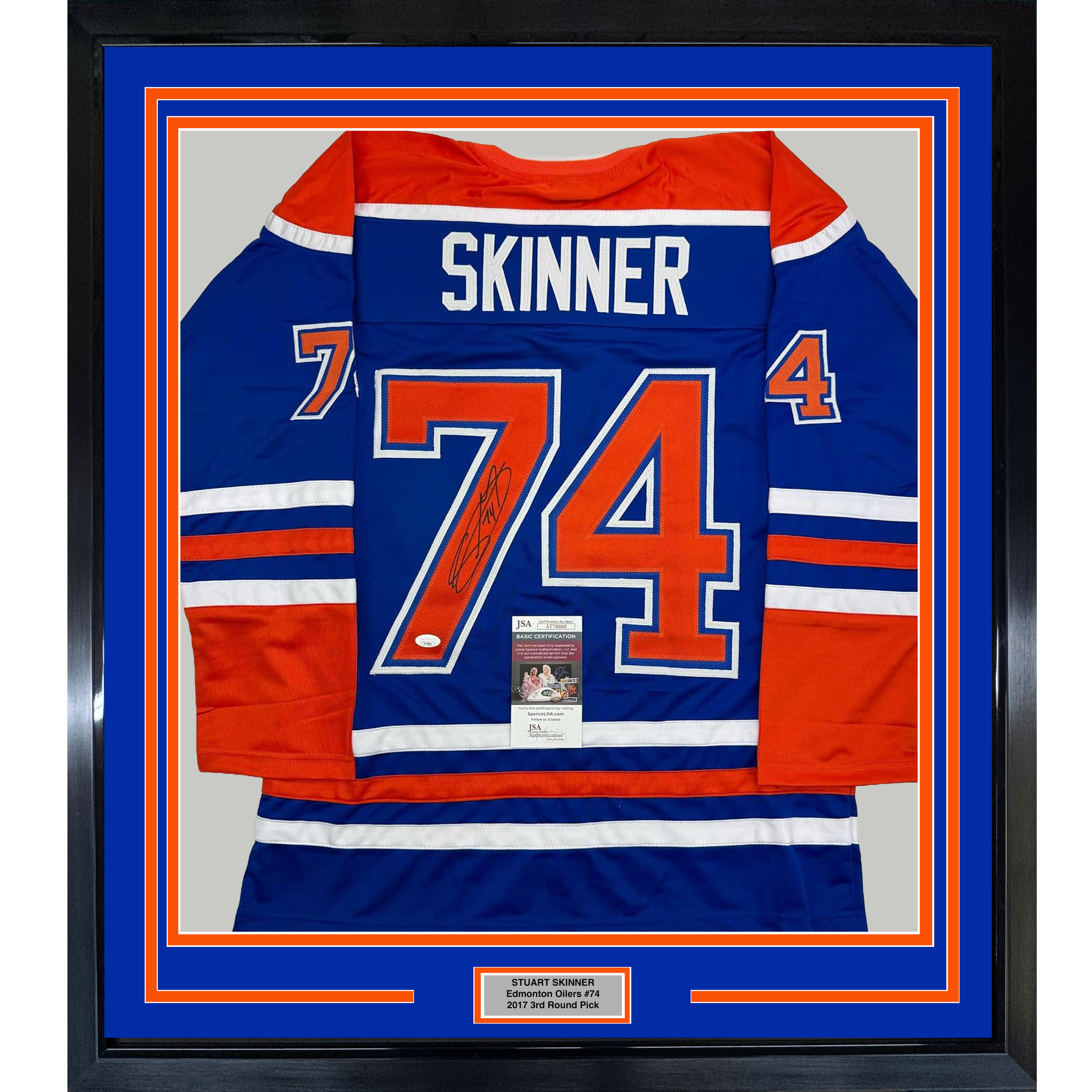 Framed Autographed/Signed Stuart Skinner 35x39 Edmonton Blue Hockey Jersey JSA COA