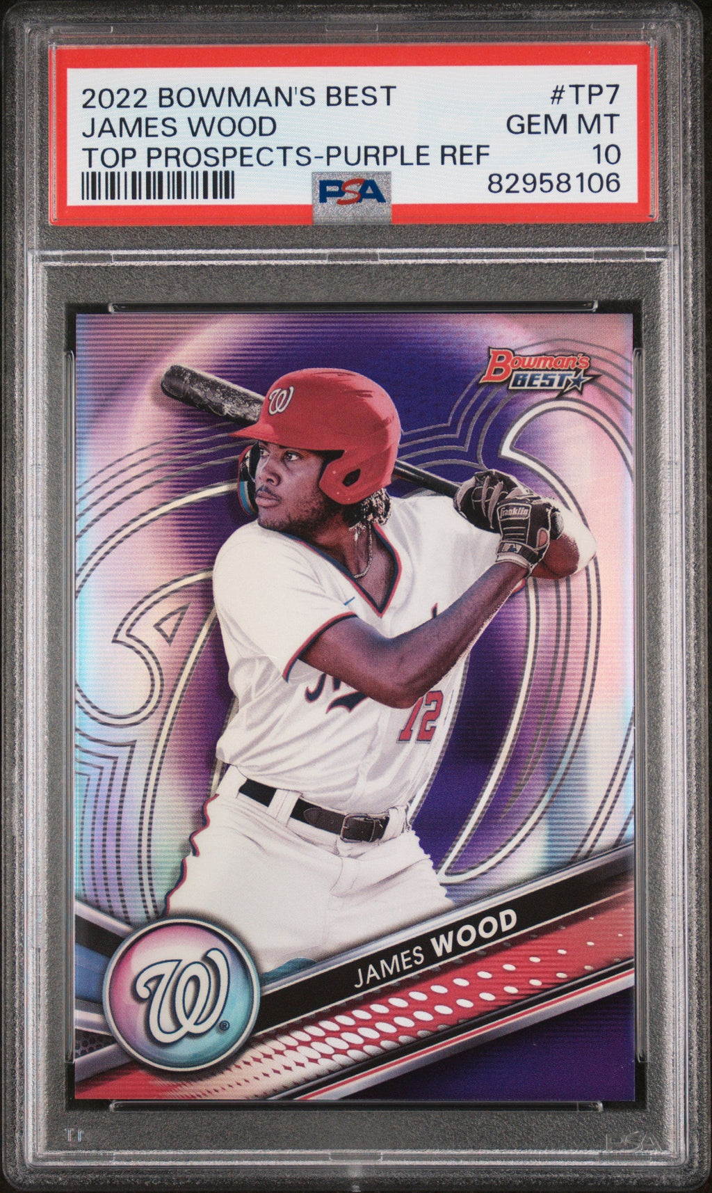 Graded 2022 Topps Bowmans Best James Wood #TP7 Top Prospects Purple Ref Rookie RC Baseball Card PSA 10 Gem Mint
